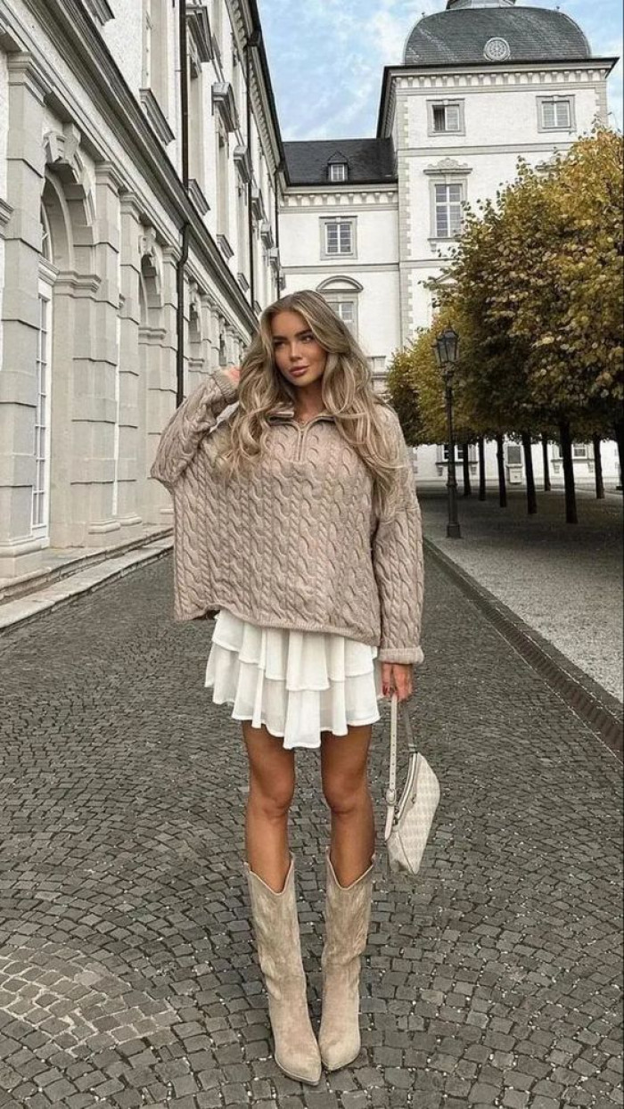 Beige Sweater and White Skirt Outfit