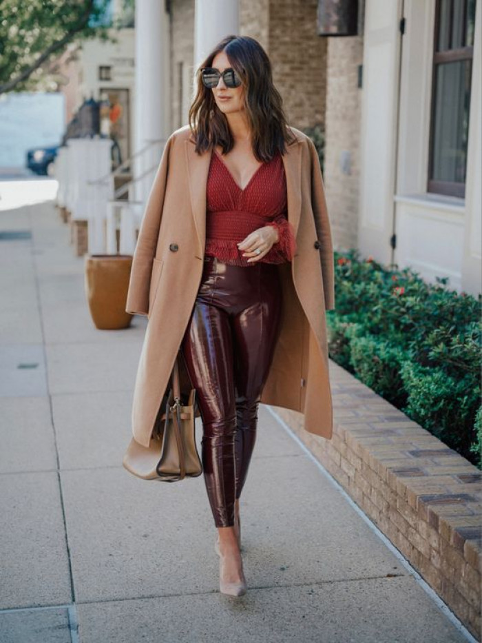 maroon leather with camel coats